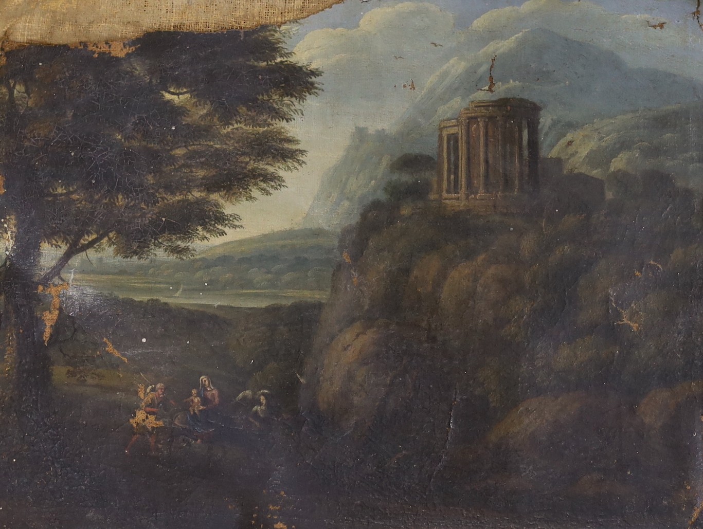 After Claude Lorain, oil on canvas, 'The Temple of Tivoli near Rome with the flight into Egypt', hand inscribed label verso, Halston Collection No.28, 34 x 45cm, unstretched